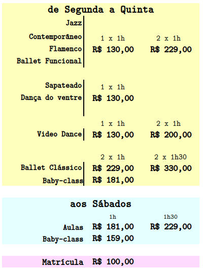 Tabela de preços 2023 para aulas de dança da Emy32